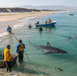 Group of South African fishermen in shallow coastal waters near False Bay pulling a large great white shark close to shore, with fishing boats and seals in the background.
