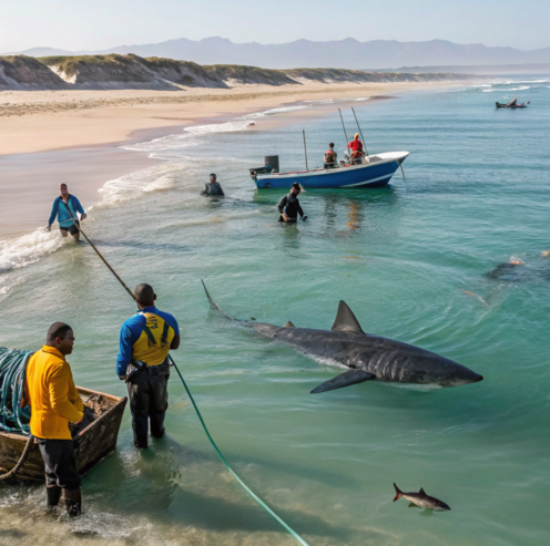 Group of South African fishermen in shallow coastal waters near False Bay pulling a large great white shark close to shore, with fishing boats and seals in the background.