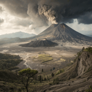 Erupting volcano with thick smoke rising, surrounded by barren and forested landscape.