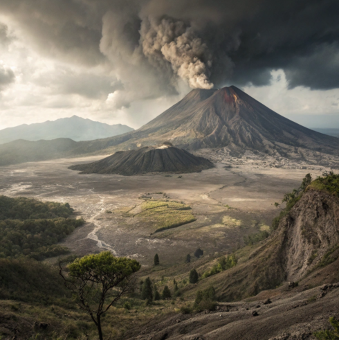 Erupting volcano with thick smoke rising, surrounded by barren and forested landscape.