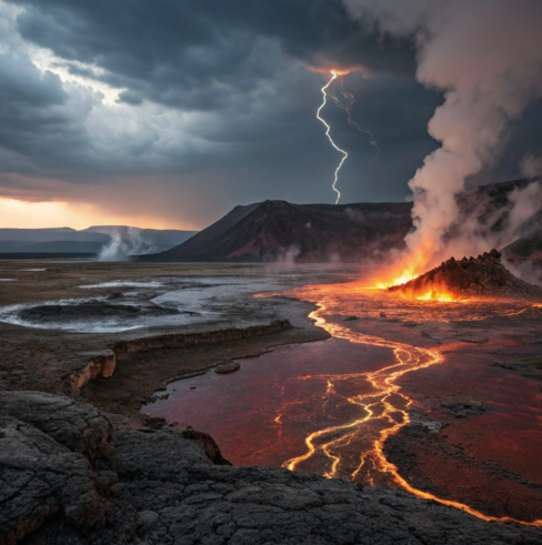Volcanic landscape with flowing lava, steam vents, and lightning striking under a stormy sky.