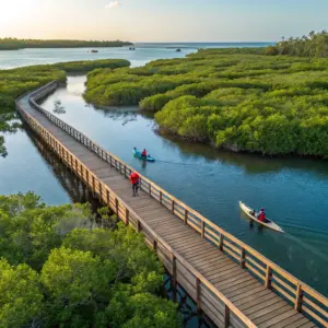 Wooden boardwalk over mangrove estuary with kayakers and lush greenery