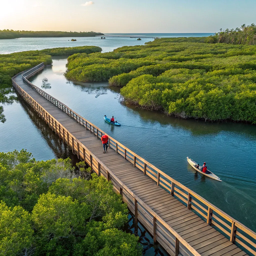 Wooden boardwalk over mangrove estuary with kayakers and lush greenery