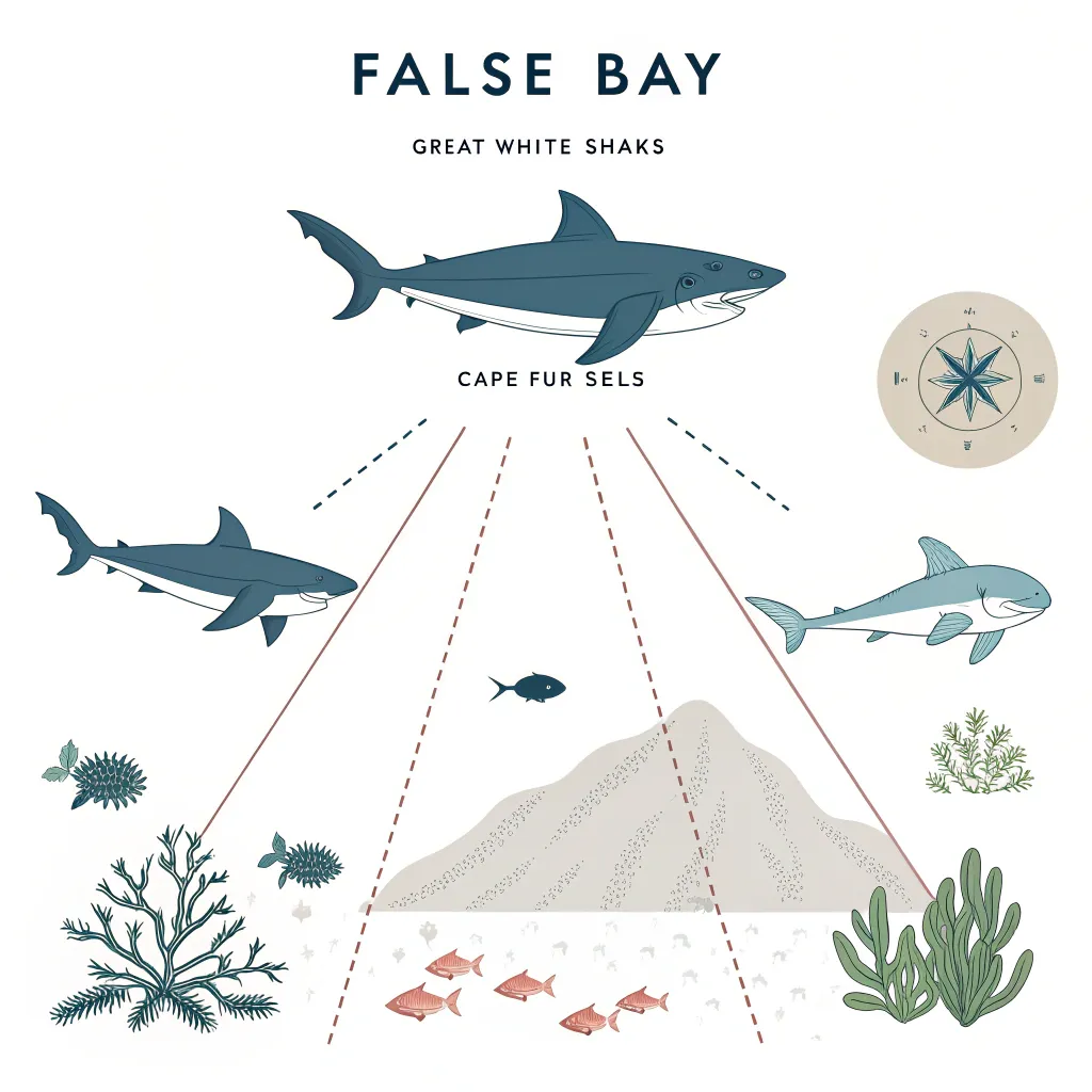 An infographic of the False Bay food web showing great white sharks and Cape fur seals