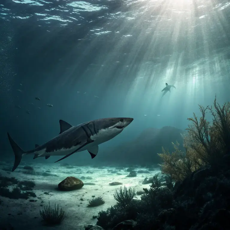 A great white shark swimming alone in dim underwater light, symbolizing predator loss in False Bay