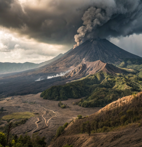 Volcano erupting with dark smoke under stormy skies, surrounded by green hills and ash-covered terrain.