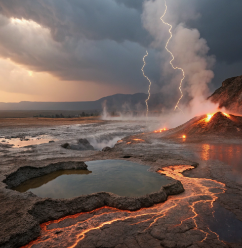 Lightning strikes near geothermal vents with glowing lava flows, steam, and a cracked rocky surface under stormy skies.