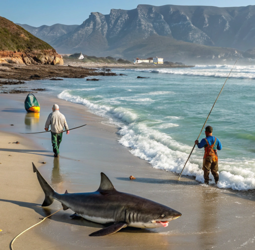 Two fishermen walk along a beach in South Africa near a stranded great white shark, with waves crashing and mountains rising in the background.