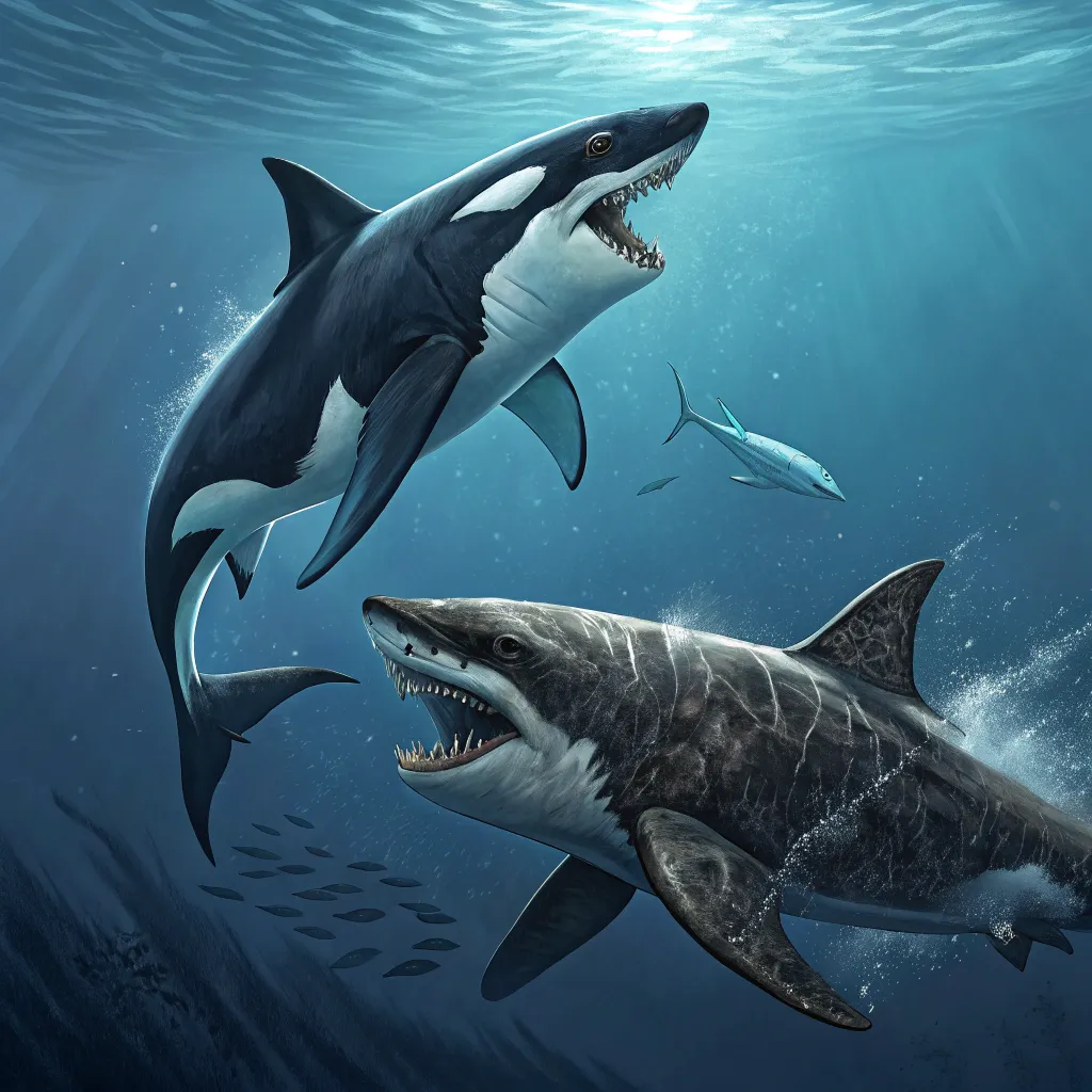 An orca and a great white shark in a dramatic underwater confrontation