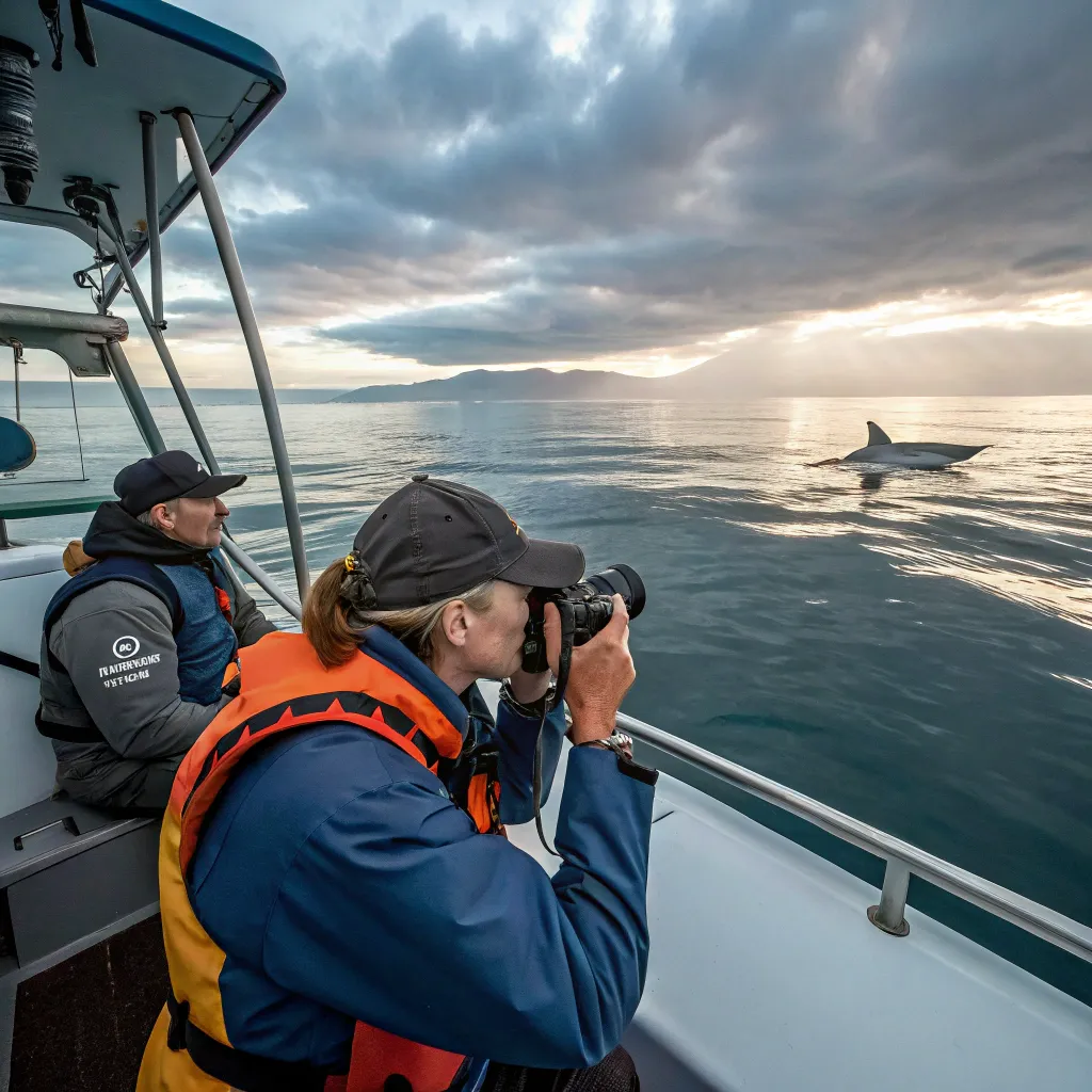 Researchers on a boat photographing shark fins during a marine survey in False Bay