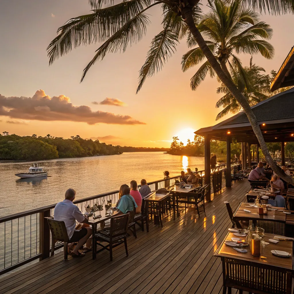 Sunset view from tropical deck with people dining by the water